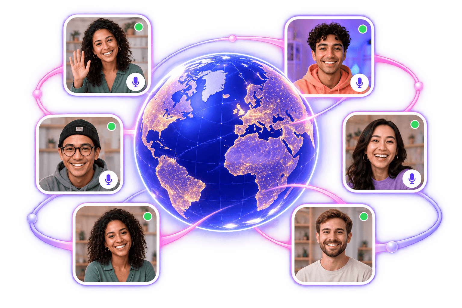 A globe ringed by video call tiles of people from different countries