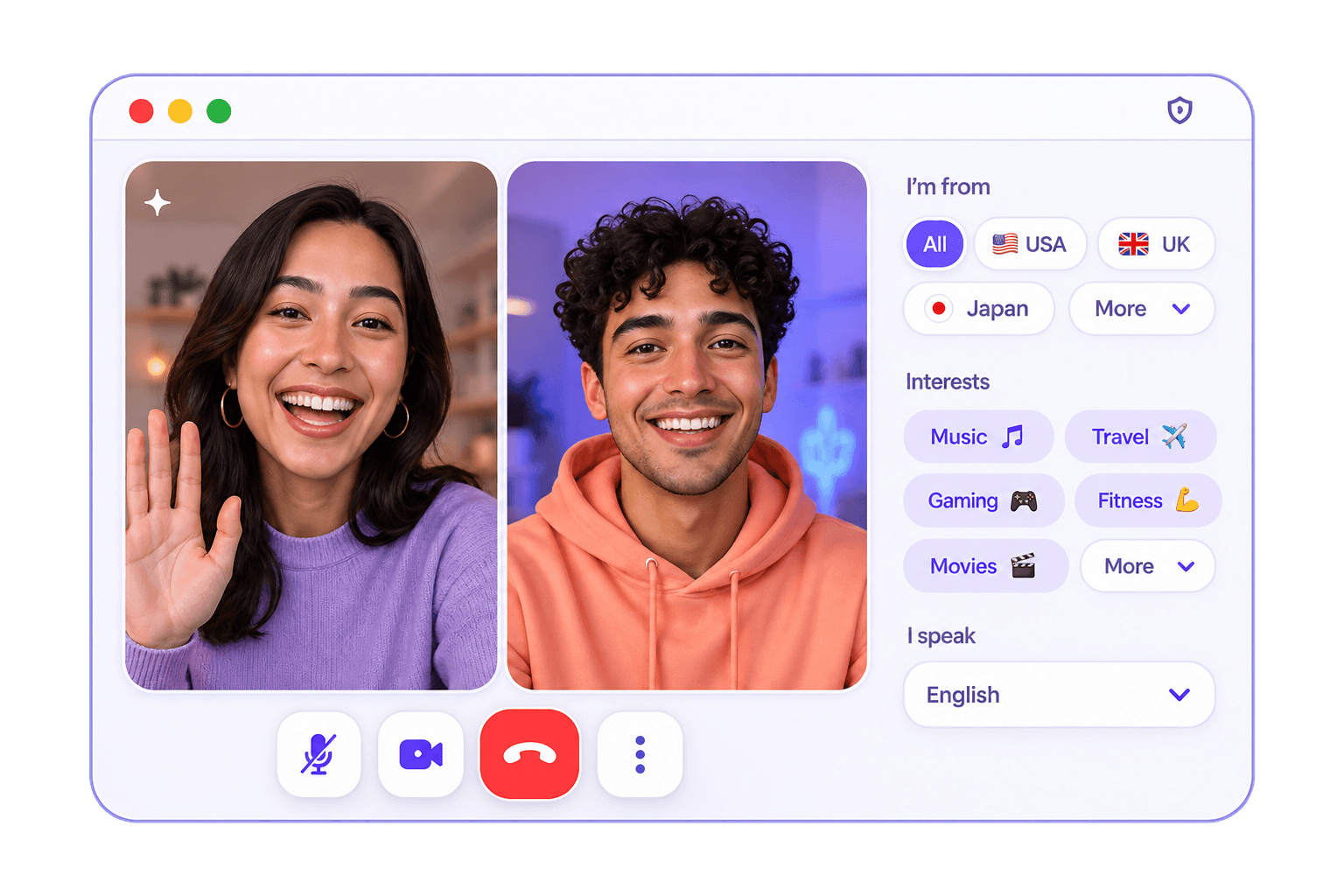 A video call with the interest and region filters open beside it