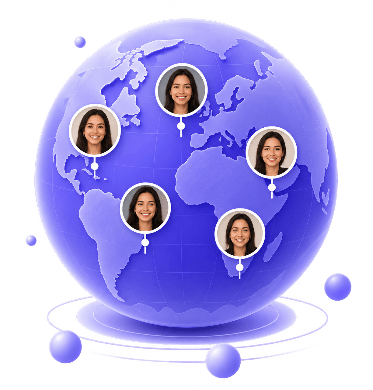 A globe ringed with portraits of people from every continent