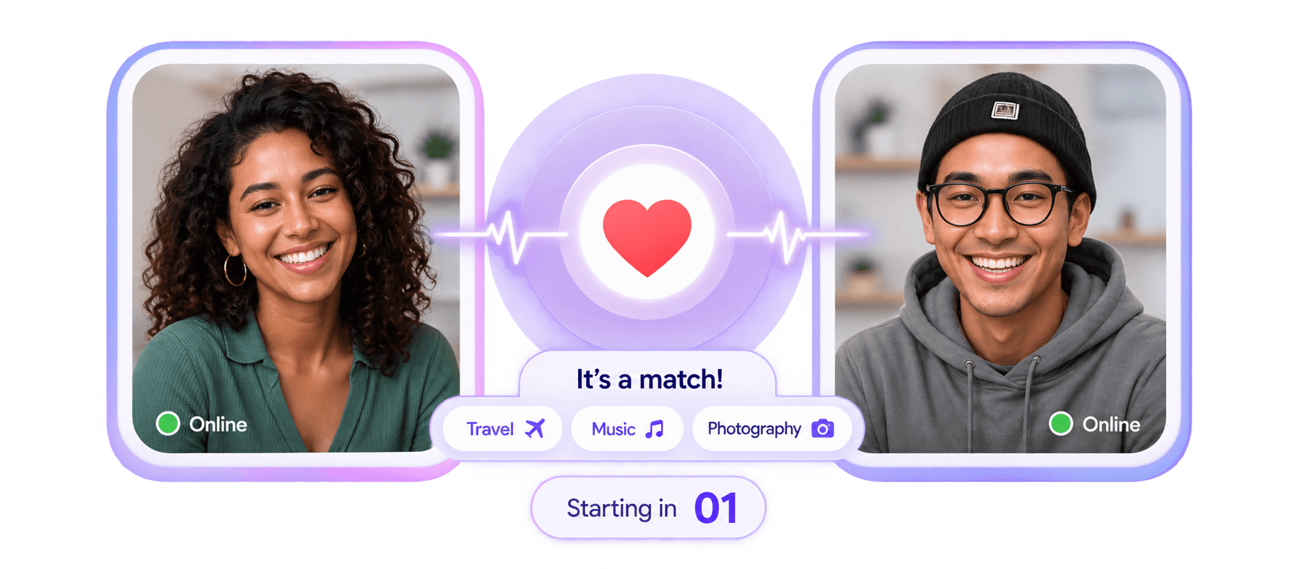 Two people paired by a heart, both marked online
